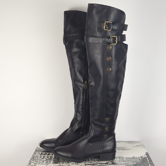 Libby Edelman Black Leather Over-the-Knee Boots with Buckle & Buttons l Size 7.5 - Picture 1 of 7